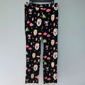 itw Brand Straight Leg Kitsch Christmas Pants, Vtg Inspired Print Blk Pink Green